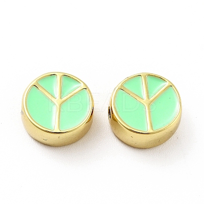 Flat Round with Peace Sign Brass Enamel Beads KK-G419-05G-01-1