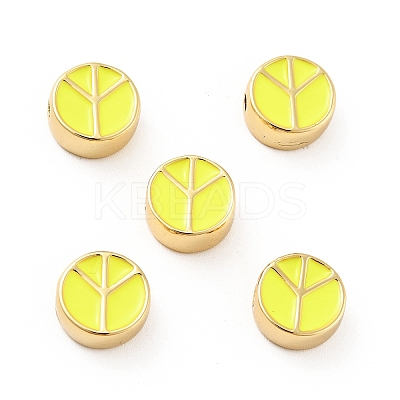 Flat Round with Peace Sign Brass Enamel Beads KK-G419-05G-08-1