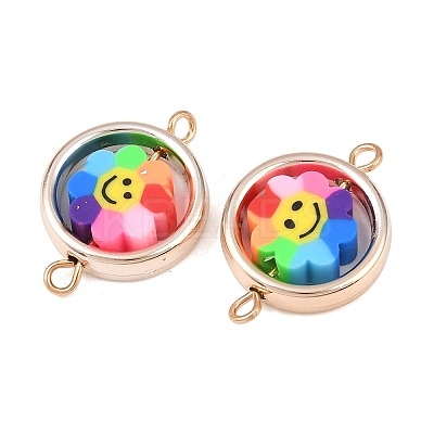 CCB Plastic Frame with Polymer Clay Smiling Face Flower Beads Flat Round Links Connector Charms KK-D103-10A-RG-1