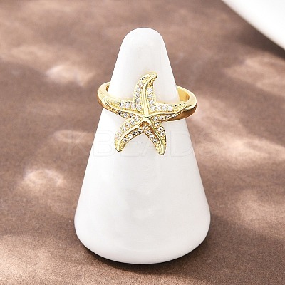 Starfish Brass Micro Pave Clear Cubic Zirconia Cuff Rings for Women RJEW-A088-08B-G-1