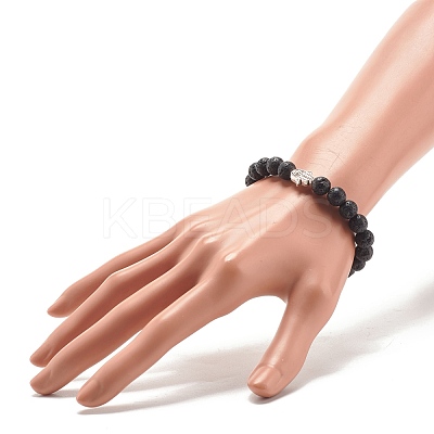 Natural Lava Rock Round Beaded Stretch Bracelet with Hamsa Hand BJEW-JB07693-1