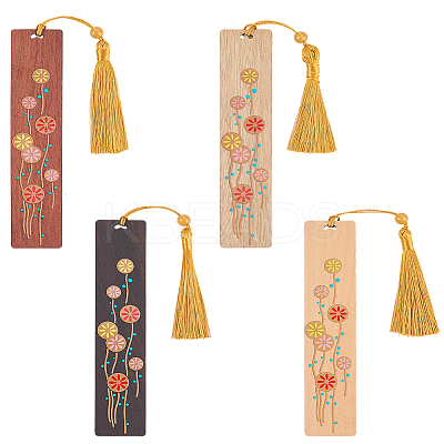 4Pcs 4 Colors Wooden Rectangle with Flower Bookmarks AJEW-GF0011-64-1