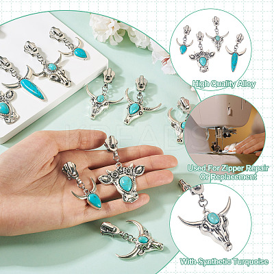 14Pcs 7 Styles Cattle Head Alloy & Synthetic Turquoise Zipper Sliders HJEW-TAC0102-1