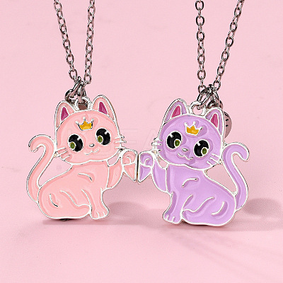 2Pcs Zinc Alloy Enamel Magnetic BFF Cat Shaped Split Pendant Friendship Necklaces for Girls FS-WG880EB-01-1
