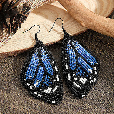 Bohemian Style Green Butterfly Wing Glass Bead Handmade Dangle Earrings FV2215-1