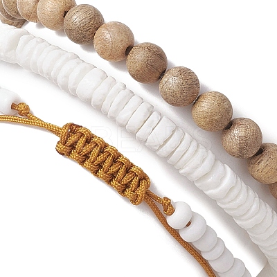 3Pcs 3 Styles Tortoise Round Wood & Disc Sea Shell Beaded Stretch Bracelet Sets BJEW-JB10311-1