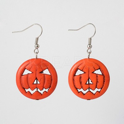 Halloween Pumpkin Jack-O'-Lantern Jack o Lantern Synthetic Turquoise Dangle Earrings EJEW-JE01571-01-1