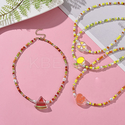 Acrylic Enamel Fruit Pendant Necklace with Glass Seed Chains for Women NJEW-JN04293-1