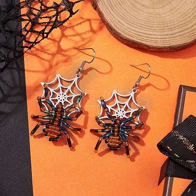 Halloween Braided Glass Seed Beads & 201 Stainless Steel Dangle Earrings EJEW-MZ00158-1
