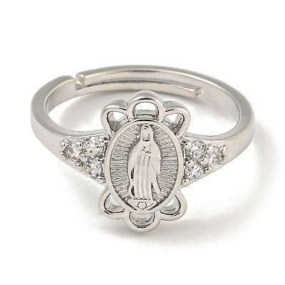 Oval with Saint Rack Plating Brass Micro Pave Cubic Zirconia Adjustable Rings RJEW-I105-04P-05-1