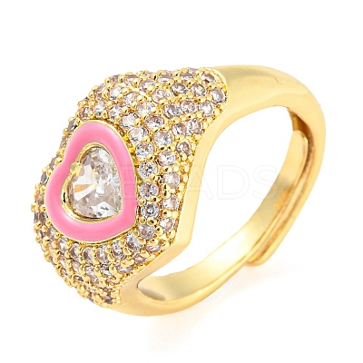 Enamel Heart Adjustable Ring with Clear Cubic Zirconia RJEW-Q781-01G-03-1