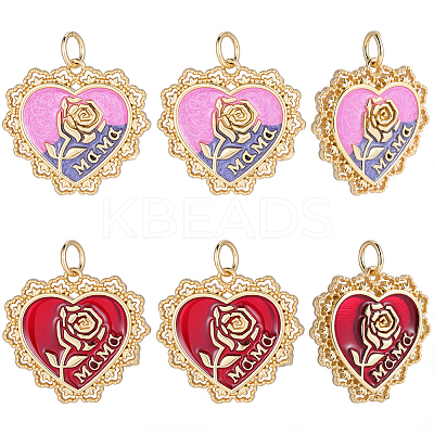 6Pcs 2 Colors Mother's Day Brass Enamel Pendants KK-BBC0029-28-1