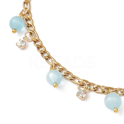 Cat Eye Round Tassel 304 Stainless Steel Twisted Chain Anklets for Women AJEW-AN00698-02-1