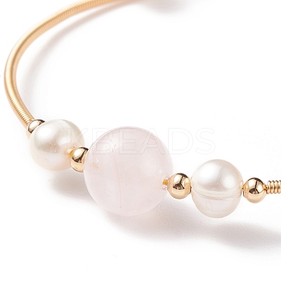 Natural Rose Quartz & Pearl Round Beaded Bangle BJEW-JB08464-02-1