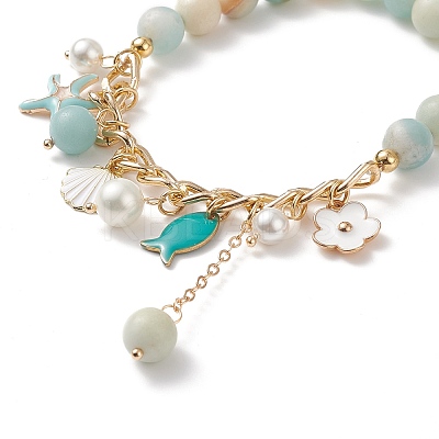 Natural Flower Amazonite & Shell Pearl Beaded Stretch Bracelet BJEW-TA00196-1