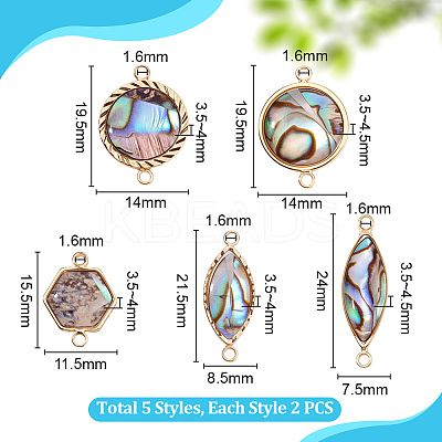 10Pcs 5 Styles Brass Pave Natural Paua Shell Connector Charms KK-PH0012-91B-1