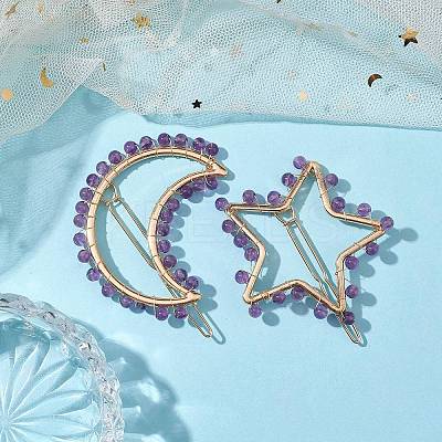 2Pcs Moon & Star Alloy with Natural Amethyst Hollow Hair Barrettes PHAR-JH00105-02-1