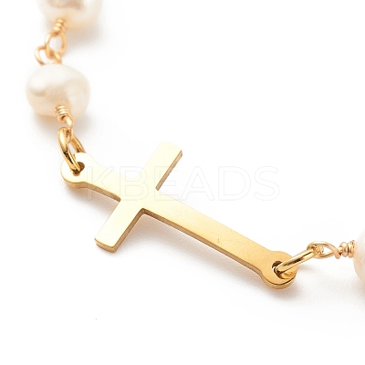201 Stainless Steel Cross Link Bracelet with Natural Pearl Beaded Chains for Women BJEW-JB08543-1