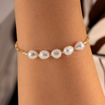 925 Sterling Silver Square & Natural Pearl Beaded Bracelets BJEW-Z025-07G-1
