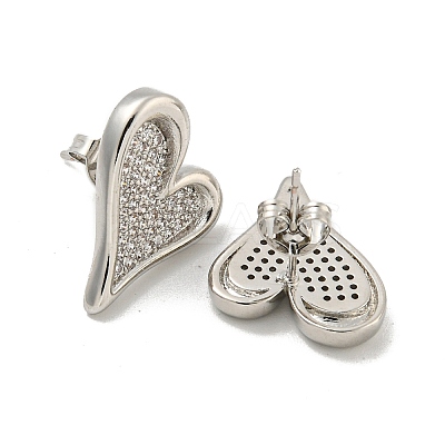 Heart Brass Pave Clear Cubic Zirconia Stud Earrings for Women EJEW-N054-42P-1