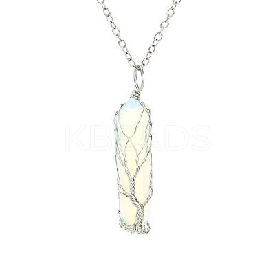 Opalite Double Terminal Pointed Faceted Bullet Copper Wire Wrapped Tree of Life Pendant Alloy Chain Necklaces FS-WG07FDC-09-1