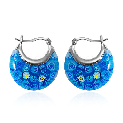 Flat Round 304 Stainless Steel Millefiori Glass Hoop Earrings FS-WG56358-02-1