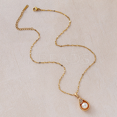 Vintage 304 Stainless Steel & Imitation Pearl Teardrop Pendant Necklaces for Women BR9499-1