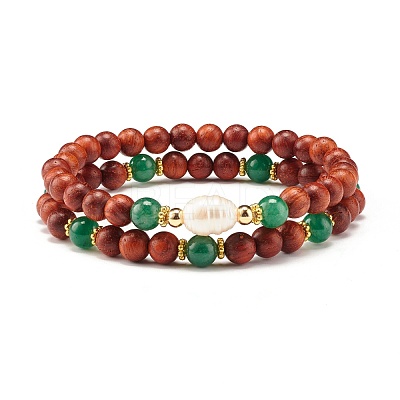 Natural Wood Round Beads Bracelets Set BJEW-JB07275-1