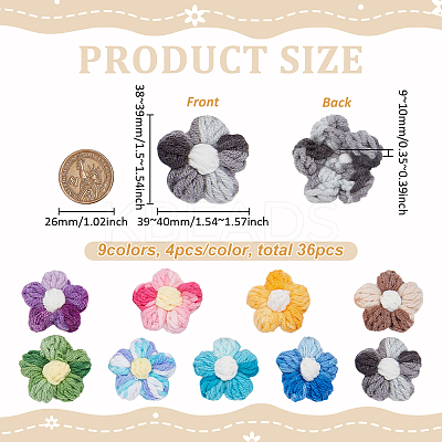 36Pcs 9 Colors Wool Yarn Flower Ornament Accessories AJEW-FG0005-27-1