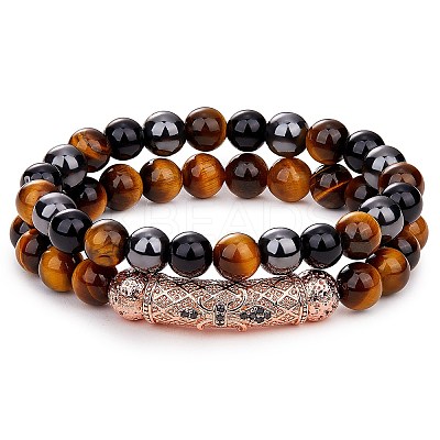 2Pcs 2 Style Dyed & Heated Natural Tiger Eye & Gemstone Stretch Bracelets Set BJEW-SW00092-1