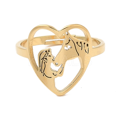Ion Plating(IP) 304 Stainless Steel Heart with Horse Adjustable Ring for Women RJEW-M149-20G-1