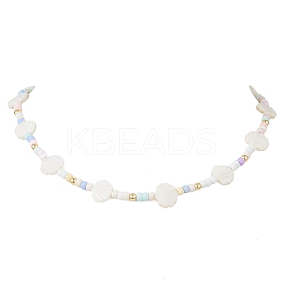 Summer Beach Natural White Shell and Glass Seed Beaded Necklaces NJEW-JN05855-01-1