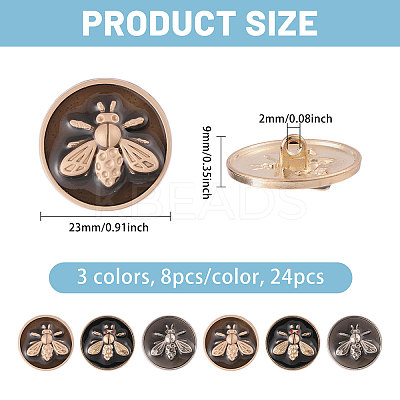 24Pcs 3 Colors 1-Hole Zinc Alloy Flat Round with Bees Buttons BUTT-CA0001-30-1