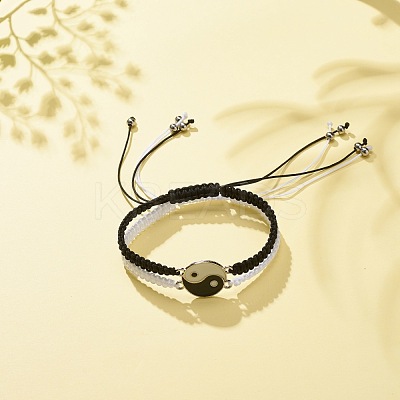 Enamel Yin Yang Matching Couple Braided Bead Bracelets Set BJEW-JB08557-1