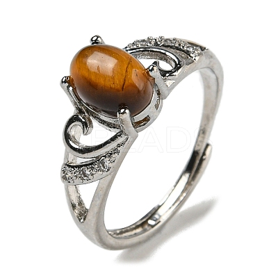 Oval Natural Tiger Eye Adjustable Rings RJEW-Q818-01P-10B-1