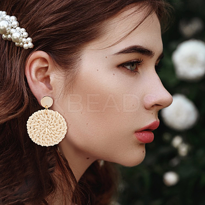 6 Pairs 6 Style Donut & Kite & Flat Round & Arch Rattan Dangle Stud Earrings EJEW-AN0001-28-1