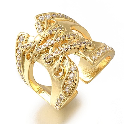 Rack Plating Shoelace Shape Brass Clear Cubic Zirconia Wide Open Cuff Rings RJEW-S411-14G-1
