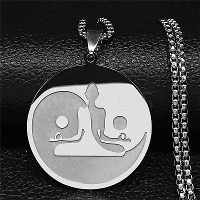 201 Stainless Steel Flat Round Buddhist Meditation Yoga Pendant Necklaces LS-NJEW-K283-33P-1