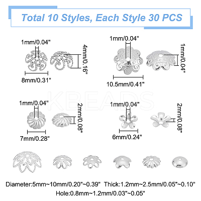 300Pcs 10 Styles 304 & 201 Stainless Steel Fancy Bead Caps STAS-UN0042-71-1