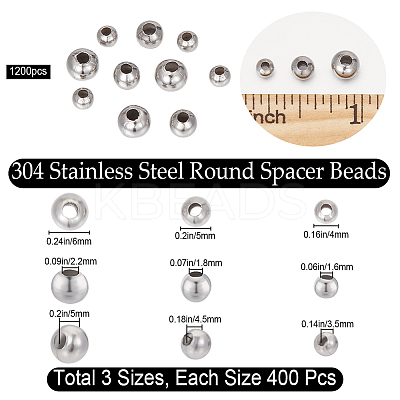 1200Pcs 3 Style 304 Stainless Steel Beads STAS-BBC0003-60P-1