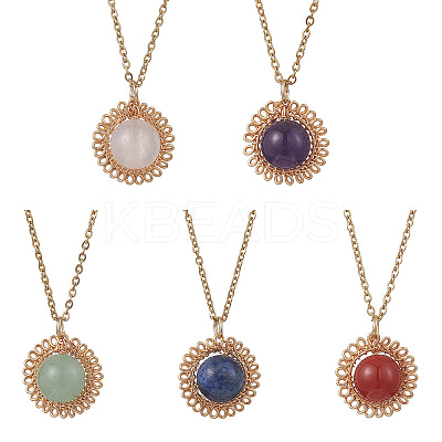 Natural Amethyst & Green Aventurine & Rose Quartz & Lapis Lazuli & Carnelian Copper Wire Wrapped Flower Pendant 304 Stainless Steel Cable Chain Necklaces for Women NJEW-JN05616-1