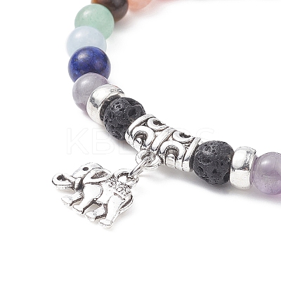 Natural Mixed Gemstone Round Beaded Stretch Bracelets with Alloy Charms BJEW-JB09403-1