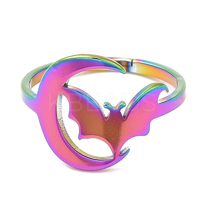 Ion Plating(IP) 304 Stainless Steel Moon with Bat Adjustable Ring for Women RJEW-M149-04RC-1