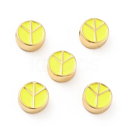 Flat Round with Peace Sign Brass Enamel Beads KK-G419-05G-08-1
