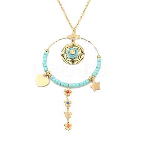 Boho Plasic Bead & 304 Stainless Steel Flower & leaf Pendant Cable Chain Necklaces for Women NJEW-A032-07G-02-1