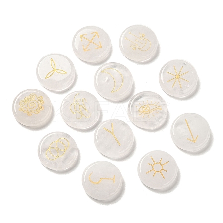 13Pcs Flat Round Natural Quartz Crystal Rune Stones G-K335-08G-1