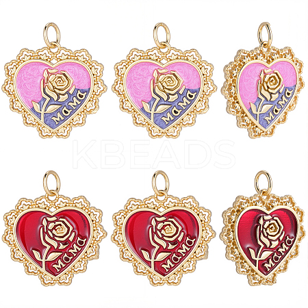 6Pcs 2 Colors Mother's Day Brass Enamel Pendants KK-BBC0029-28-1