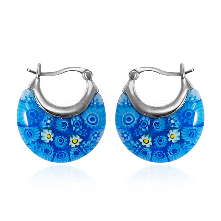 Flat Round 304 Stainless Steel Millefiori Glass Hoop Earrings FS-WG56358-02-1