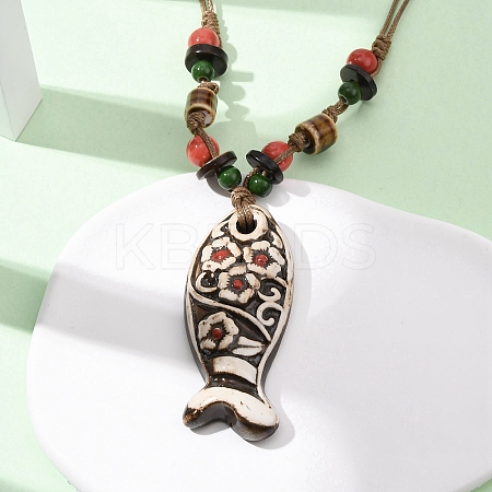 Ceramic Fish Pendant Adjustable Waxed Cord Necklaces for Women LS-NJEW-B146-04-1