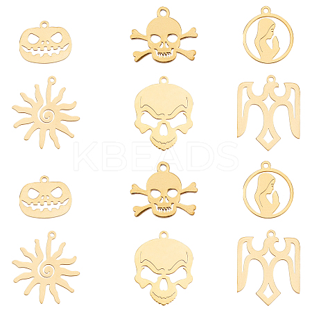 12Pcs 6 Style 201 Stainless Steel Pendants STAS-UN0020-22G-1
